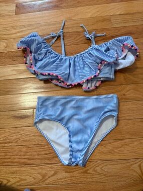 Striped Off-Shoulder Ruffle Bikini Set with Pom Trim